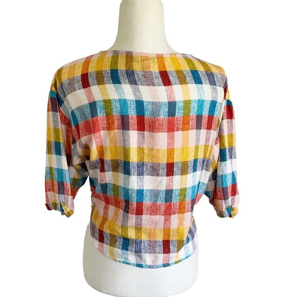Lucky Brand Multicolor Plaid Crop Top — Women’s L, Button-Front Tie-Front Blouse - Picture 4 of 7